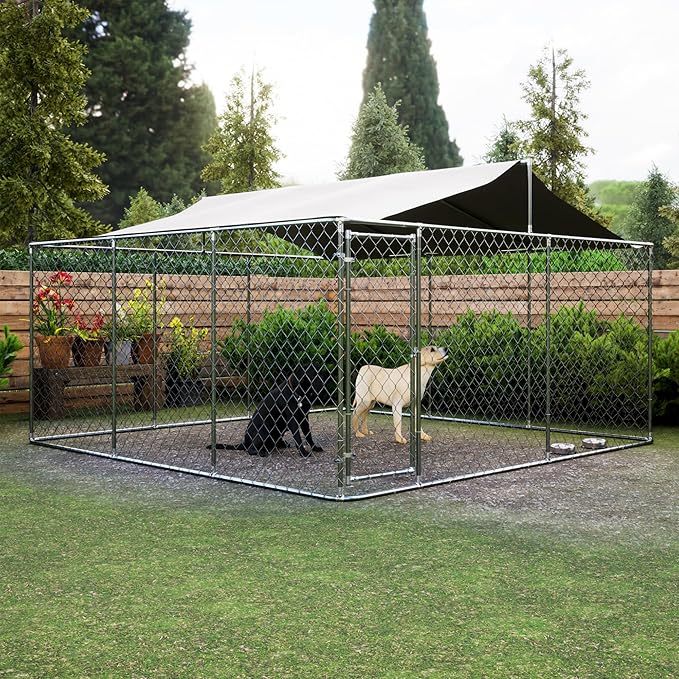 Outdoor Dog Kennel Dog Crate with Lockable Swing Gate,Water & UV Resistant Dog Enclosure Outdoor W/Pitched Roof,Heavy Duty Dog Pens Dog House Outside for Large Dogs,Gray(178"x178")