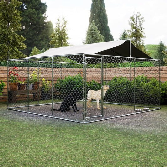 Outdoor Dog Kennel Dog Crate with Lockable Swing Gate,Water & UV Resistant Dog Enclosure Outdoor W/Pitched Roof,Heavy Duty Dog Pens Dog House Outside for Large Dogs,Gray(178"x178")