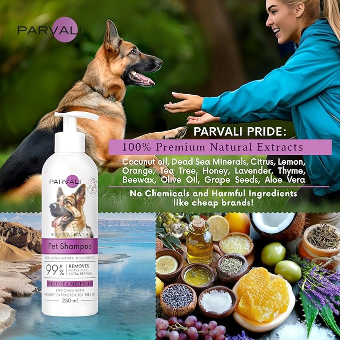 Natural Dead Sea Extra Bath Dog Shampoo (250 ml, 8.45 fl oz). for Long-Haired Breeds, Heavy Dirt Treatment, Anti-Itch Formula. Minerals Rich, Extra-Scented, Easy Application. Enjoy!