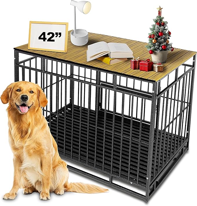 PetmystifyDog Crate Topper with Magnets for 42 Inch Crate - Aluminum Foldable Dog Kennel Topper Decorative Storage Pet Crate Table Light Brown (Only Topper)