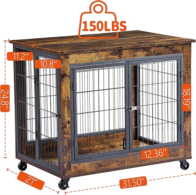 NicBex Dog Crate Furniture Dog Cage with 3 Doors and Lift Top, Dog Kennels for Inside Space, Wooden Dog Crate on Wheels with Durable Frame for Multiple Dogs, Rustic Brown