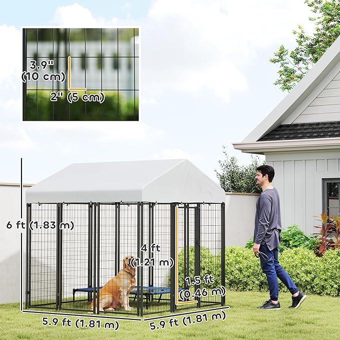PawHut Outdoor Dog Kennel with Roof, 6' x 6' x 6' Heavy Duty Welded Wire Dog Playpen Enclosure with Escape-Proof Lock, UV-Resistant & Waterproof Cover, for Large Dogs, Silver