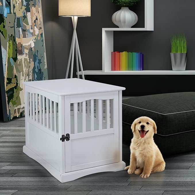 Casual Home Wooden Decorative Indoor Kennel Dog Crate End Table Night Stand Furniture with Lockable Gate for Medium Pets Up to 25 Pounds, White