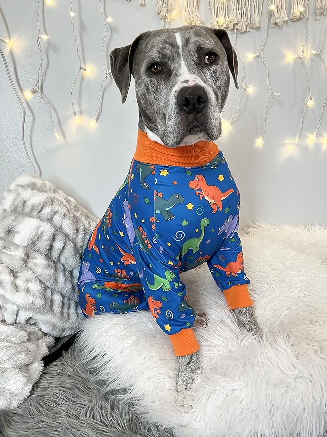 Tooth & Honey Pitbull Clothes – Premium Dinosaur Printed Pajamas for Large Breeds – Outfit for Recovery, Warmth & Shedding Control (Large)