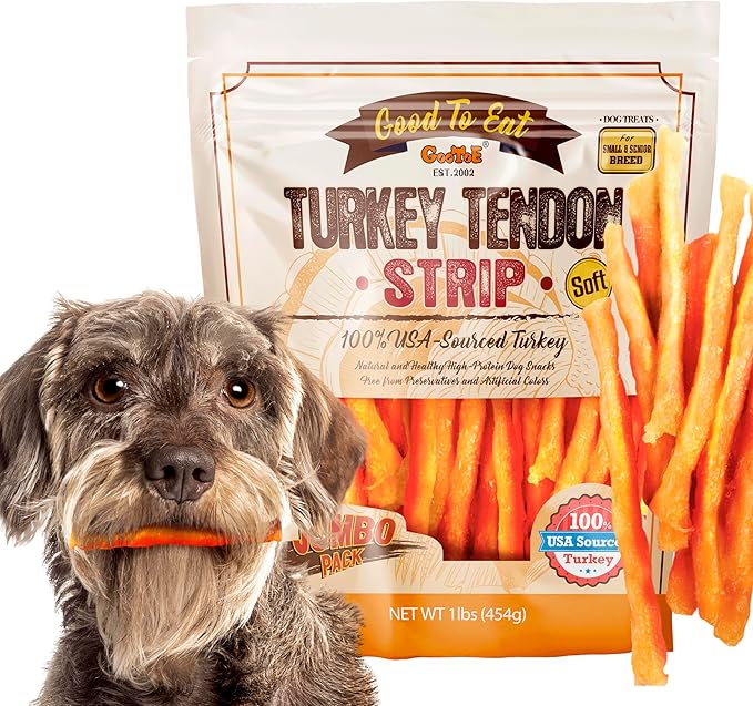 Gootoe Soft Turkey Tendon Dog Treat–Natural Chewy Snack, 100% USA-Sourced, Premium Training Chew, Hypoallergenic, Reseal Value Bag, Ideal for Small& Senior Dog, Soft Strip Jumbo Pack, 1 lb (Pack of 1)