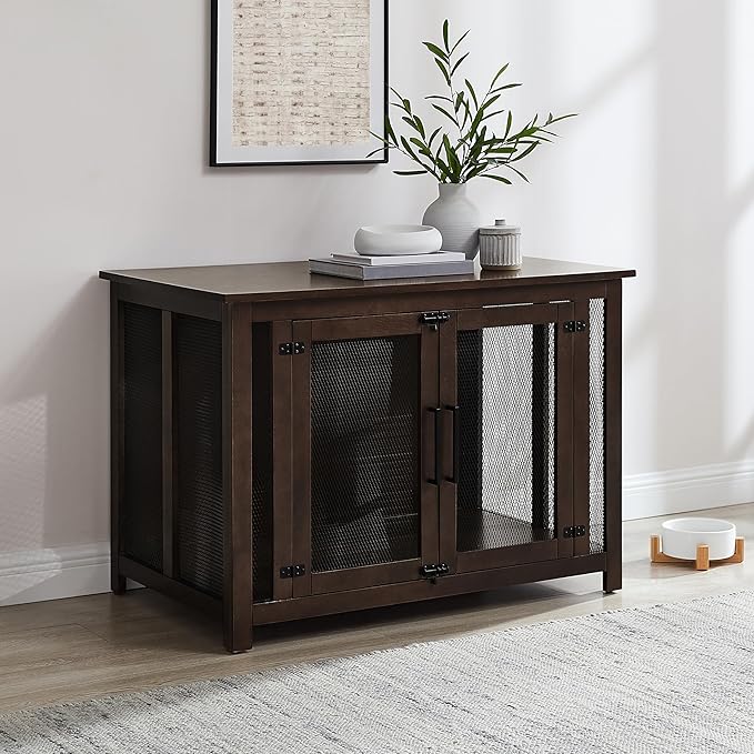 Crosley Furniture Dane Credenza Console Table Dog Crate Kennel for Pets, Brown