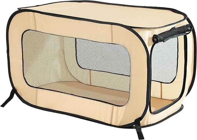 Beatrice Home Fashions Portable, Collapsible, Pop Up Kennel Travel Cat and Dog Crate, 36" L x 22" W x 22" H, Beige
