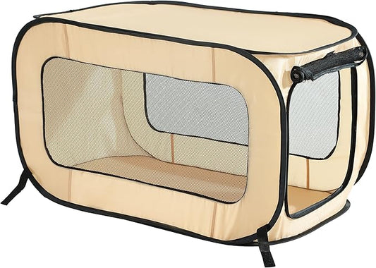 Beatrice Home Fashions Portable, Collapsible, Pop Up Kennel Travel Cat and Dog Crate, 24" L x 16.6" W x 16" H, Beige