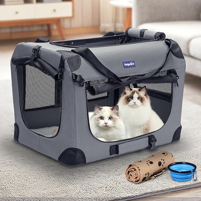 Petprsco Portable Collapsible Dog Crate, Travel Dog Crate 24x17x17 with Soft Warm Blanket and Foldable Bowl for Large Cats & Small Dogs Indoor and Outdoor