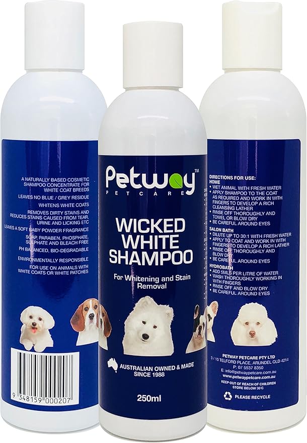 Petcare Wicked White Whitening & Stain Removal Shampoo for Dogs with White Coat, Deep Cleanse to The Coat & Skin, Free of Phosphates & Parabens, pH Balanced, Removes Dirt & Odor, 250ml