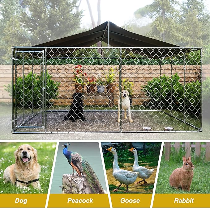 Outdoor Dog Kennel Dog Crate with Lockable Swing Gate,Water & UV Resistant Dog Enclosure Outdoor W/Pitched Roof,Heavy Duty Dog Pens Dog House Outside for Large Dogs,Gray(157"x 157")