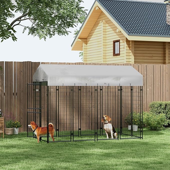PawHut 7.8' x 6' Dog Kennel Outdoor with Waterproof Cover, Dog Playpen for Extra Large Dogs with Two Part Door Design, Silver
