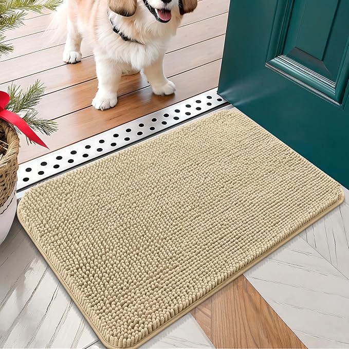 OLANLY Dog Door Mat for Muddy Paws 24x16, Absorbs Moisture and Dirt, Absorbent Non-Slip Washable Mat, Quick Dry Chenille, Mud Mat for Dogs, Entry Indoor Door Mat for Inside Floor, Beige