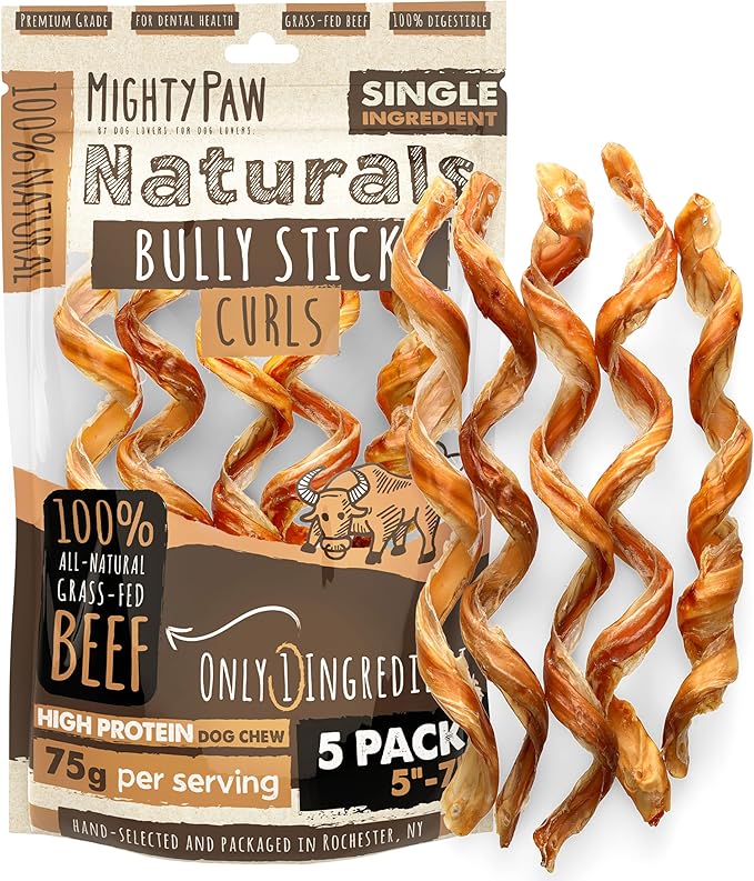 Mighty Paw Naturals Curly Bully Sticks for Dogs - Grass Fed Beef Dog Chews. Dog Bully Sticks for Large Dogs, Medium, Small Breeds. Lower Odor Bully Sticks for Small Dogs. Single Ingredient 6” - 5 Pack