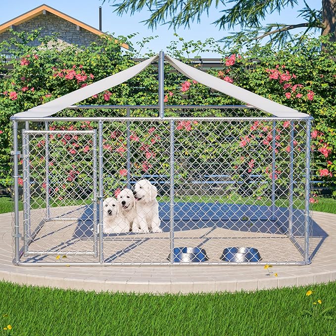 Outdoor Dog Enclosure,Heavy Duty Dog Kennel House Mesh Outside,Galvanized Chain Link Dog Run with Roof,Dog Cage Large Dogs,Dog Pen,Pet Kennel W/Waterproof Anti-UV Cover&Secure Lock for Large Dog