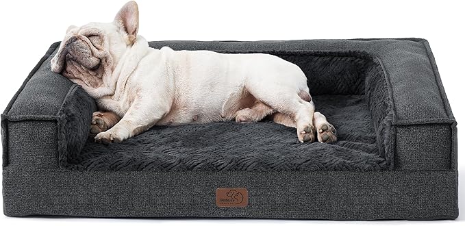 Bedsure Orthopedic Dog Bed for Medium Dogs - Supportive Egg Foam Dog Sofa, Bolster Couch Pet Bed with Removable Waterproof Washable Cover, Comfy Plush Velvet Fluff Surface, Nonskid Bottom, Charcoal