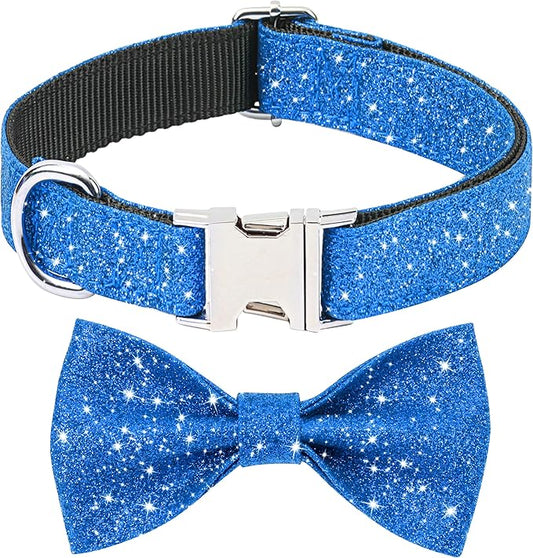 Blue Boy Dog Collar with Bow, Bling Male Bowtie Dog Collar for Puppy Small Dogs and Cats, Cute Dog Collar for Daily Walking or Holiday Party (Neck fit 9-12’’)
