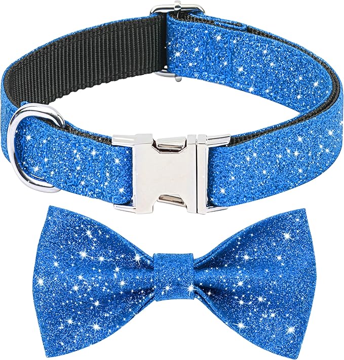 Blue Boy Dog Collar with Bow, Bling Male Bowtie Dog Collar for Puppy Small Medium Dogs, Cute Dog Collar for Daily Walking or Holiday Party (Neck fit 11-16’’)