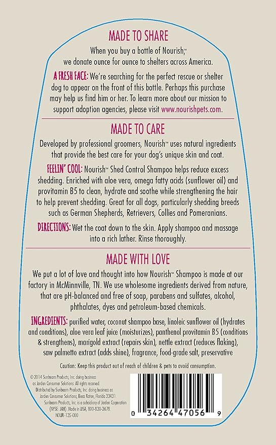 Nourish Shed Control Dog Shampoo, Natural Coconut Verbena 16 oz - You Buy 1, We Donate 1 to a Shelter, Made in USA, PH Balanced