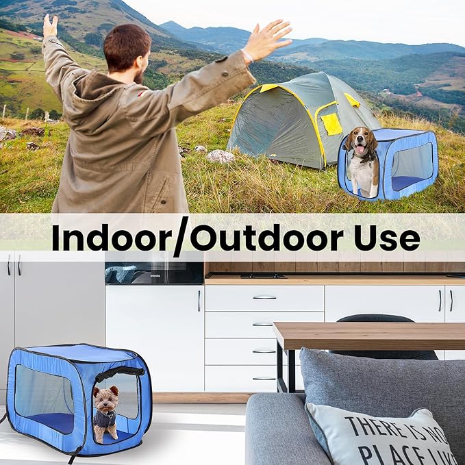 Beatrice Home Fashions Portable, Collapsible, Pop Up Kennel Travel Cat and Dog Crate, 40" L x 27" W x 27" H, Blue