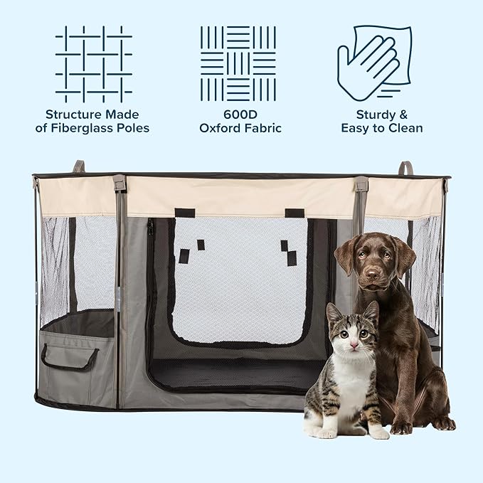 Dog Playpen - 43x34x23 Inch Puppy Kennel with Mesh Windows, Zippered Doors, and Storage Pockets - Portable Dog Play Pen Indoors/Outdoors for Small Animals by PETMAKER (Gray)