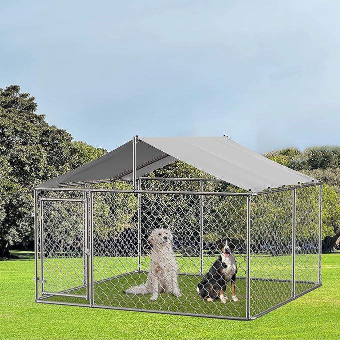 9.8' Outdoor Dog Cage with Waterproof UV-Resistant Cover,Large Metal Galvanized Rustproof Outdoor Puppy Fence W/Security Door,Heavy Duty Kennel for Farm & Garden,Silver