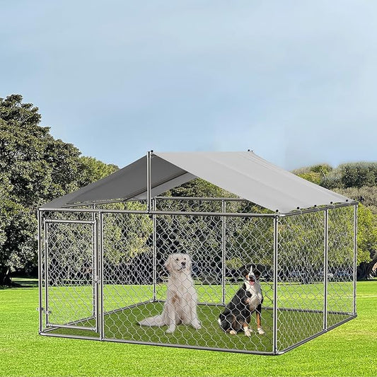 9.8' Outdoor Dog Cage with Waterproof UV-Resistant Cover,Large Metal Galvanized Rustproof Outdoor Puppy Fence W/Security Door,Heavy Duty Kennel for Farm & Garden,Silver