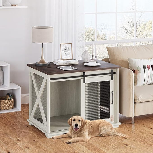 GAOMON 37'' Sliding Barn Door Dog Crate Furniture with Flip Top and Movable Divider, Wooden Dog Crate Table, Dog Kennel Side End Table, White