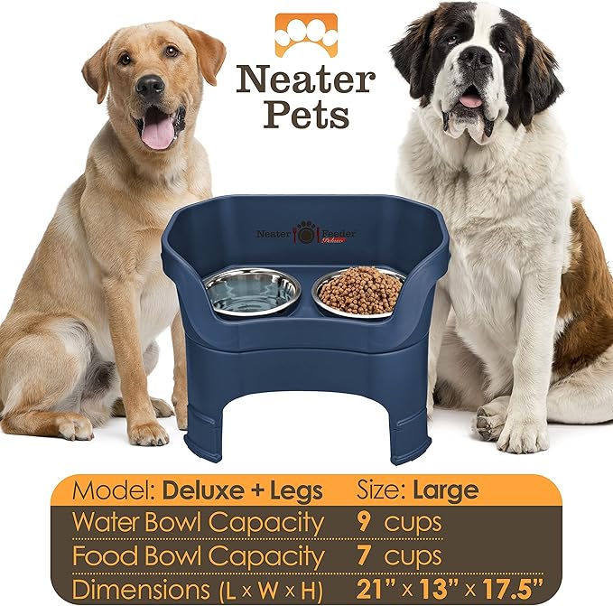 Neater Feeder Deluxe Mess Proof Dog Bowls Elevated for Large Dogs – Made in USA – No Spill Raised Dog Food Bowl Stand w/Leg Extensions – Stainless Steel Dog Food and Water Bowl Set – Dark Blue