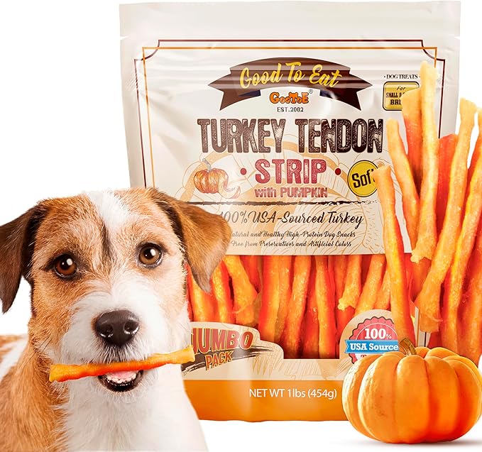 Gootoe Soft Turkey Tendon Dog Treat– Natural Chewy Snack, 100% USA-Sourced, Premium Training Chew, Reseal Value Bag, Ideal for Small & Senior Dogs, Soft Strip with Pumpkin Jumbo Pack, 1 lb (Pack of 1)
