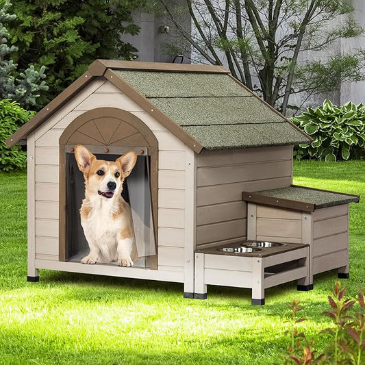 Dog House Outside, Wood Dog House Outdoor with Feeding Area and Door Curtain Open Roof Doghouse for Medium Small Dogs-Cream