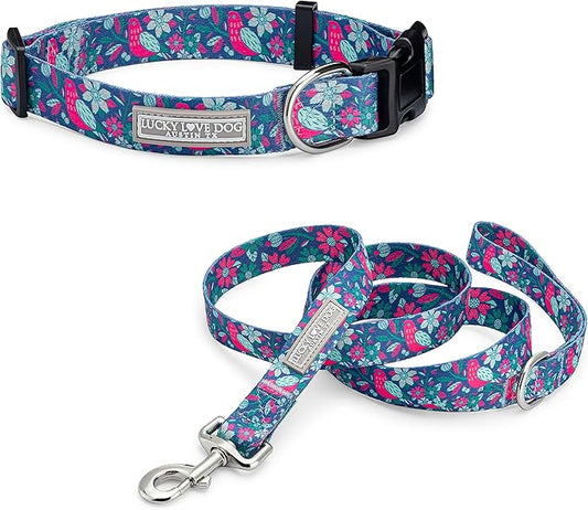 Lucky Love Dog Collar and Leash Combo, Vivid Floral Matching Girl Dog Leash and Collar Set for Medium Dogs - (CarrieBelle Combo, Medium)