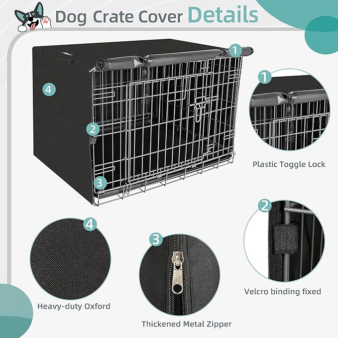 Dog Crate Cover, 36 Inch Pet Kennel Cover Universal Fit for Wire Dog Crate, Lightweight 600D Polyester Fabric, Double Door Dog Kennel Cover Indoor Outdoor Protection, Black