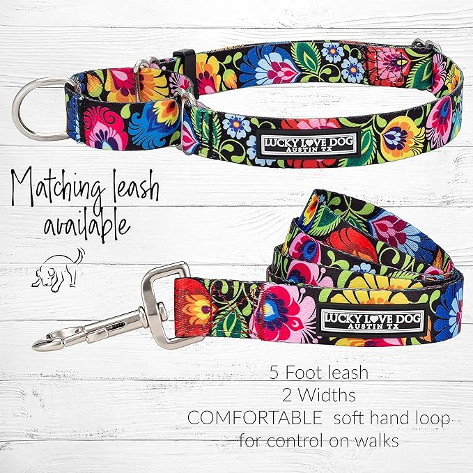 Lucky Love Dog Wide Martingale Dog Collar - No-Slip, Durable, & Soft Webbing 1.5 inch Martingale Collar for Dogs Male and Female - Ideal for Training & Walking, Stylish Blackbird Pattern, X-Large Size