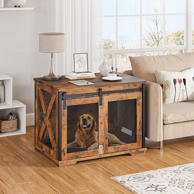 GAOMON Sliding Doors Dog Crate Furniture，Indoor Wooden Dog Crate Furniture with End Table and Flip-top Plate，Detachable Divider for Dog Kennel,Dog House, Rustic Brown