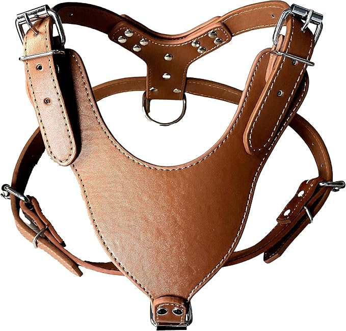 Leather Dog Harness Chest for 26"~34" Large Dogs Pitbull Mastiff Boxer Bully Black/Pink/Red/Gold Brown/Leopard/Brown (Brown)