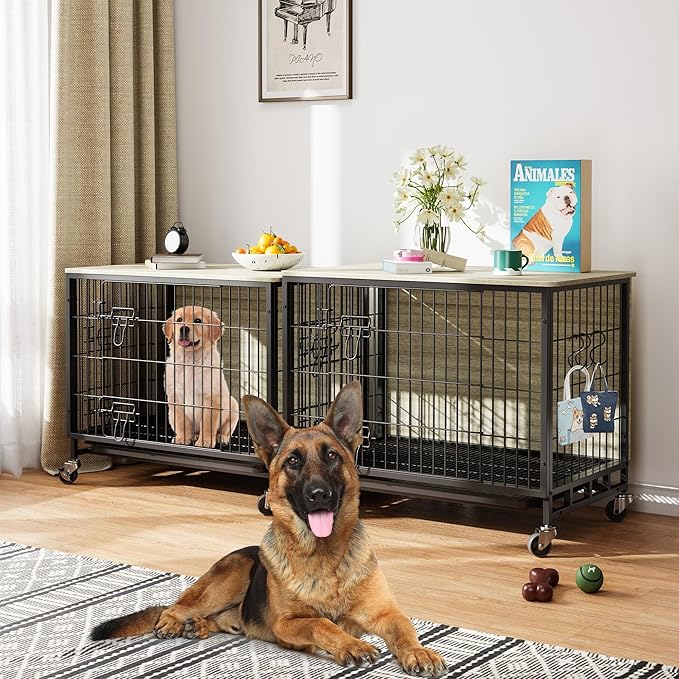 Dog Crate Furniture, 27.2" Wooden Dog Crate with Double Doors & Wheels, Upgraded Small Kennel End Table, Indoor Cage for Small/Medium/Large Dog, Rustic Grey