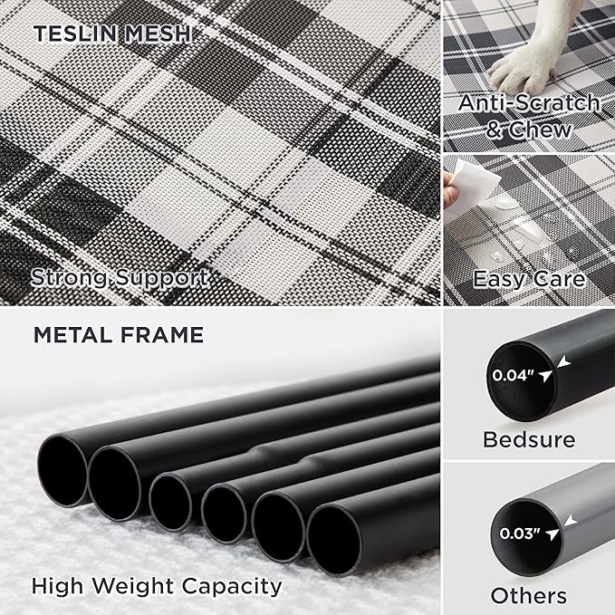 Bedsure Elevated Raised Cooling Cots Bed for Large Dogs, Portable Indoor & Outdoor Pet Hammock with Skid-Resistant Feet, Frame with Breathable Mesh, Checkered White, 49 inches