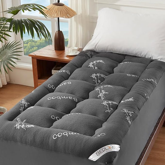 BEDLORE Twin XL Mattress Topper Viscose Derived from Bamboo, Thick Pillow Top Mattress Pad with Deep Pockets for 6-15 inches Mattress, Soft Mattress Topper College Dorm Size for Back Pain(Dark Gray)
