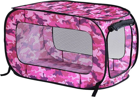 Beatrice Home Fashions Portable, Collapsible, Pop Up Kennel Travel Cat and Dog Crate, 40" L x 27" W x 27" H, Camo Pink