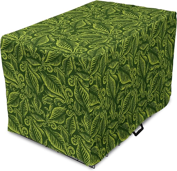 Lunarable Hunter Green Dog Crate Cover, Baroque Style Damask Floral Pattern with Leaves Swirled Branches Retro Design, Easy to Use Pet Kennel Cover for Small Dogs Puppies Kittens, 18 Inch, Lime Green