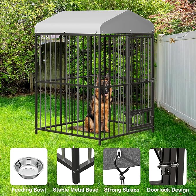 Outdoor Dog Kennel for Large Dogs, 4x4x6 FT Large Dog Kennel Outside with Lock, Dog Enclosures with UV-Resistant Waterproof Roof Cover for Outside