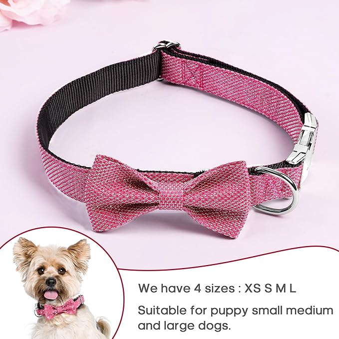 Dog Collar with Bow for Small Medium Large Dogs, Cute Bling Dog Bow Tie Collar with Metal Buckle, Soft & Durable for Large Dogs Walking (Dark Pink, L)