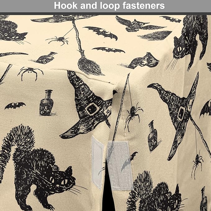 Lunarable Halloween Dog Crate Cover, Sketch Drawn Bat Cat Spider Witch Hat and Broom Pattern, Easy to Use Pet Kennel Cover for Medium Large Dogs, 48 Inch, Grey Beige Charcoal