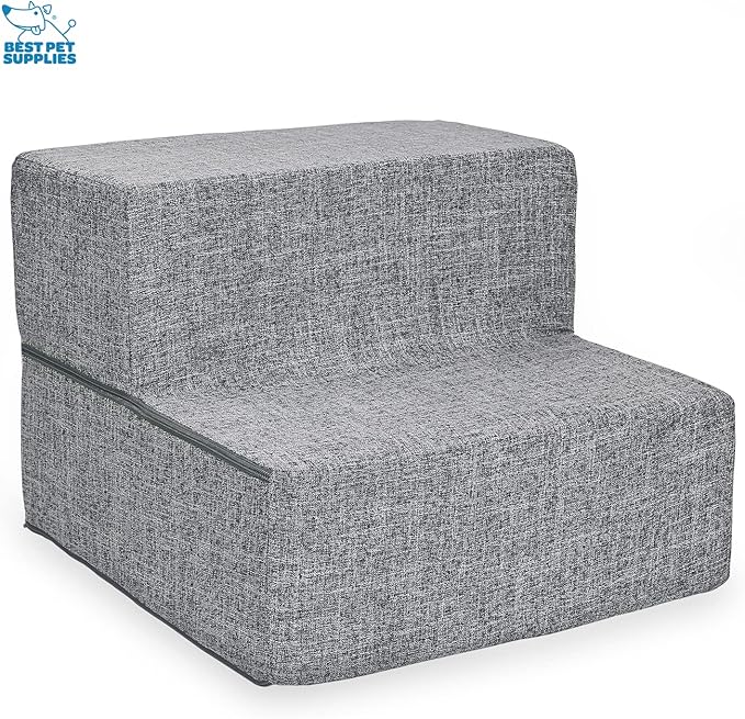 Best Pet Supplies Portable Foldable Foam Pet Stairs/Steps for Couch, Sofa, and High Bed, Non-Slip Bottom Balanced Paw Safe - Gray Linen, Foldable 2-Step (H: 12")