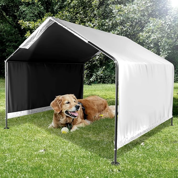 Dog Shade Shelter, 4'x4'x3.2' Metal Outdoor Dog Tent w/Ground Nails, Waterproof Pet Canopy Shelter for Outside, Pet House for Dogs, Cats, Small Animals and Livestock, Grey
