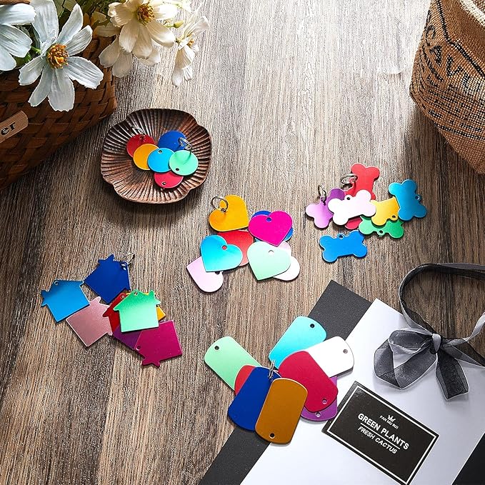 Frienda 48 Pcs Blank Pet ID Tag Colorful Aluminum Dog Cat Tags Blank Round Heart Star Bone House Rectangle Tags with Ring Pet ID Tags Pendant with Hole for Pet Dog Cat Name Phone Number, 6 Styles