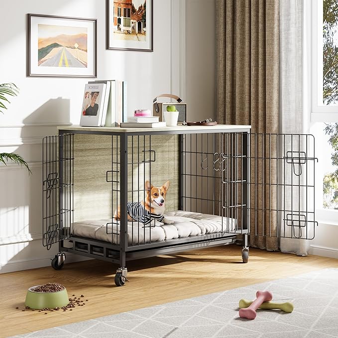 Medium Dog Crate Furniture, 32.5" L x 21.9" W x 25.2" H, Indoor Pet Crate with Double Doors, Removable Tray and 360° Wheels, Wooden Countertop Dog Kennel, Gray+Black