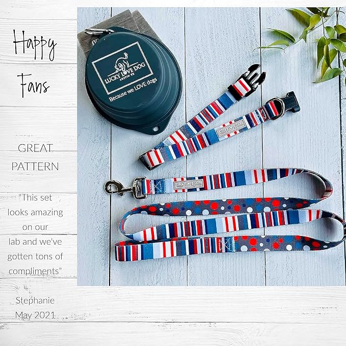 Lucky Love Dog, Nautical Dog Collar, Polka Dot Blue Red White Striped Collar for Male Female Dogs, Adjustable & Comfy - (Medium, Linus Collar)