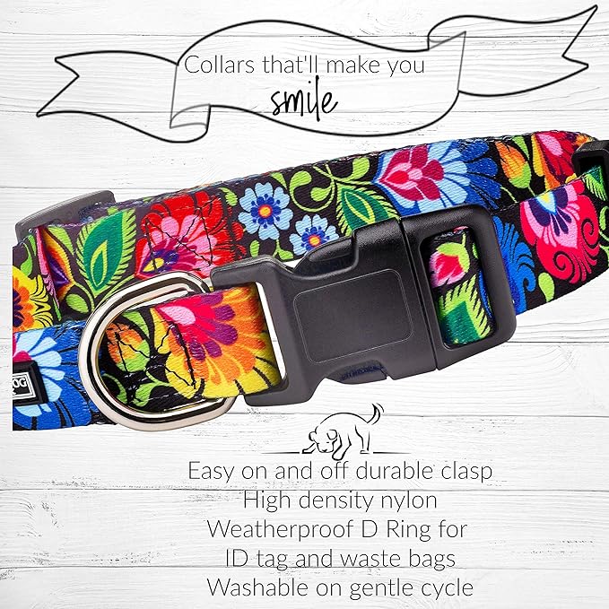 Lucky Love Dog Wide Dog Collar - Adjustable, Durable, Soft Webbing, & Comfortable 1.5 inch Wide Collar for Dogs Male and Female - in Blackbird Pattern with Strong Buckle, X-Large Size